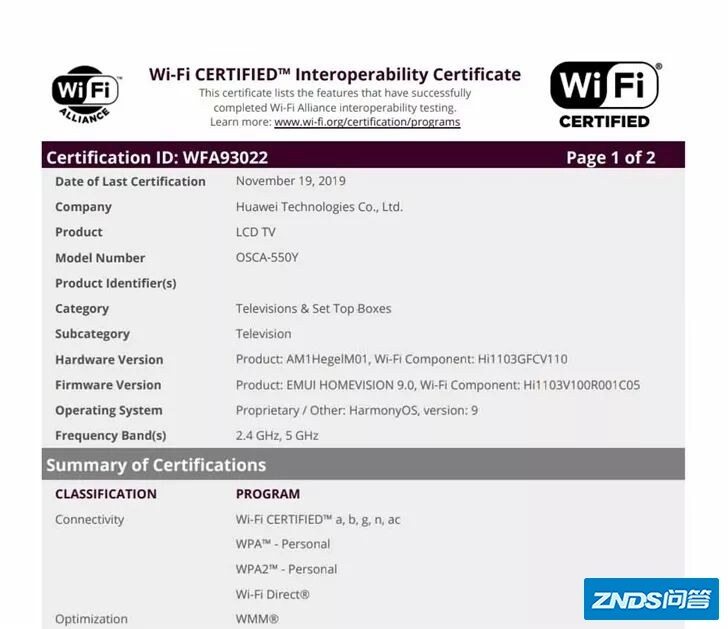 华为新款智慧屏通过WIFI联盟认证，LCD面板+鸿蒙OS！
